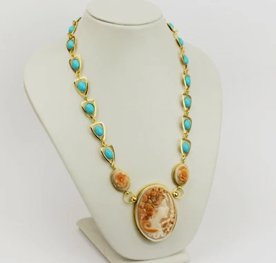 COLLANA ARGENTO 925 DORATO CAMMEO CORNEOLA FIORI E VOLTO E TURCHESE AGLN 0198 - Immagine 1 di 4