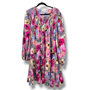 Entro Floral Print Dress Tiered Long Sleeve Smocked Casual Boho Artsy 2X - Picture 1 of 10