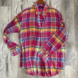 Ralph Lauren Multicolor Madras Plaid Linen Button Down Shirt Preppy Mens Size XL - Picture 1 of 8