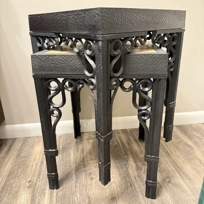 Vintage 1972 Pair Faux Wrought Iron Tile Top Side Tables by Burwood - Plastic! - Image 1 of 4
