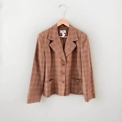 Talbots Linen Silk Blazer Women’s Size 12 Plaid Brown Jacket Old Money Preppy - Image 1 of 4