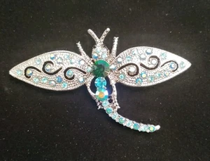 Silver Tone & Blue Rhinestone Dragonfly Brooch 3"X2" - Picture 1 of 4