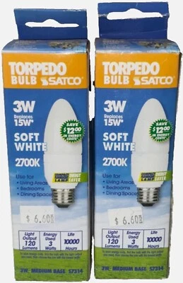 2 Satco S7314 3W Torpedo Bulb Compact Fluorescent 2700K Soft White Light 120 Lum - Image 1 of 4