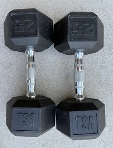 VINTAGE PAIR OF 25 POUND BLACK TSA RUBBERIZED HEX DUMBELLS - Picture 1 of 4