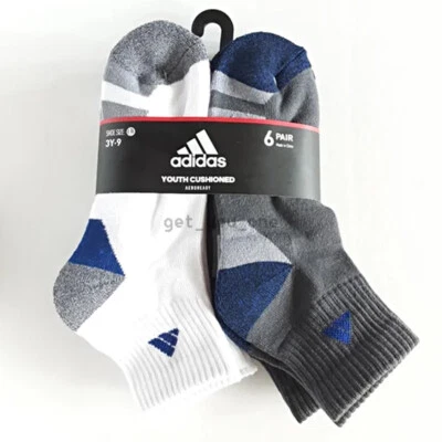 NEW Adidas YOUTH Cushioned Aeroready 6 Pair Pack Socks Large 3Y-9 Gray/White/Blu - Image 1 of 3