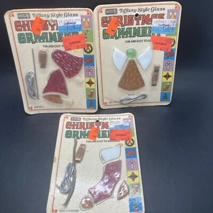 3-Vtg Xmas Craft House Tiffany Style Stain Glass Ornament Kits StockingAngelBell - Picture 1 of 9