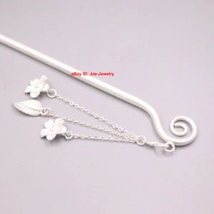 Solid 925 Sterling Silver Hairpin Flower Charm Chinese Hair Pin 6.89inch L - Picture 1 of 6