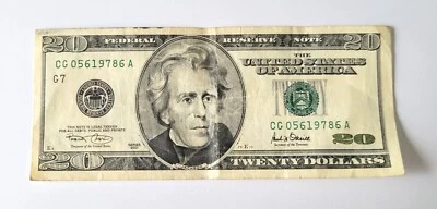 2001 $20 Twenty Dollar Bill Federal Reserve Note, serial # CG05619786A - Image 1 of 2