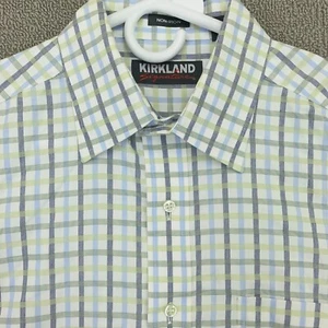 Kirkland Signature Shirt Mens Medium Green Blue Grey Plaid Button Up Long Sleeve - Picture 1 of 11