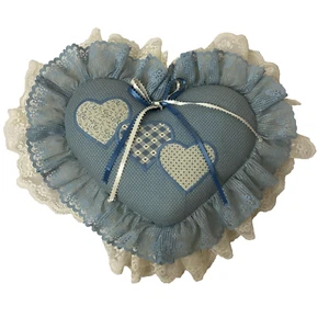 Vintage Blue Heart Shaped Lace Throw Pillow Cottage Core - Picture 1 of 8