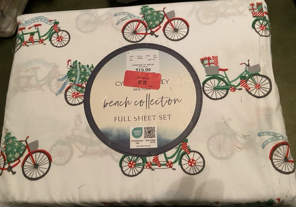 Коллекция рождественских велосипедов Cynthia Rowley Beach полный комплект простыней новый! - Изображение 1 из 2