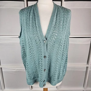 Vintage Green Hand Knitted Vest Cardigan Fits Size 16 18 Waistcoat Sleeveless - Picture 1 of 6