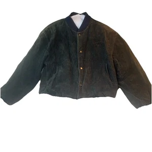 Vtg Camel Styles Suede Bomber Jacket Large Black Snap Suede Satin Lined Heavy - Picture 1 of 11