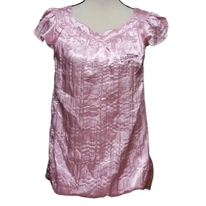 Disney Enchanted Pink Satin Blouse Womens Sz S Embroidered Pleated Shirt Top - Picture 1 of 10