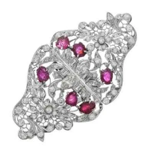 Edwardian 6.2CT Ruby & Cubic Zirconia Fashion Double Brooch Pin In 935 Silver - Picture 1 of 5