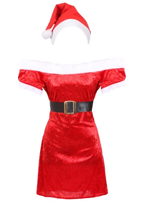 LADIES VELOUR MISS SANTA DRESS & FELT HAT MISS CLAUS CHRISTMAS XMAS FANCY DRESS - Image 1 of 4