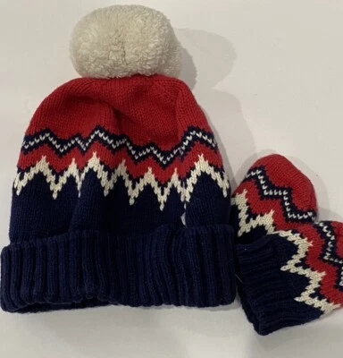 BABY GAP Kids 0-6 Months Girl Boy Cotton Red Navy Knit Beanie Mitten Set - Image 1 of 4