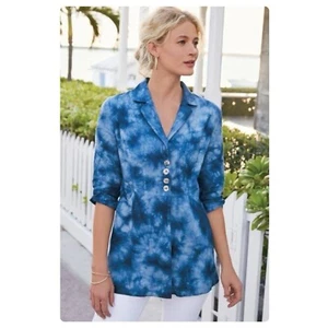 Soft Surroundings Eza Blue Tie Dye Linen Lightweight  Jacket Size L - Picture 1 of 14
