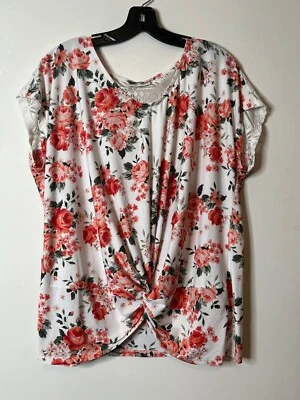 Bobbie Brooks Plus Size 2X Floral Knot Front Top With Lace Sleeves & Back White - Image 1 of 4
