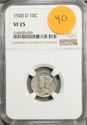 1920 D Mercury Dime 10c NGC VF 25 Very Fine #5-039 - Image 1 of 2