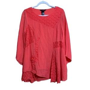 Ali Miles Tunic Top Medium Orange Lace Inset Patchwork Asymmetrical Blouse - Picture 1 of 8