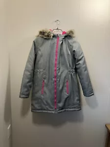 Cat & Jack Girls XL 14/16 Winter Jacket Coat Grey And Pink EUC Faux Fur Hood Ski - Picture 1 of 12
