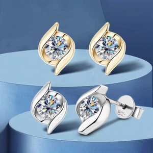 D VVS1 Moissanite Stud Earrings Women Gift 925 Sterling Silver 18k Gold Plated - Picture 1 of 19