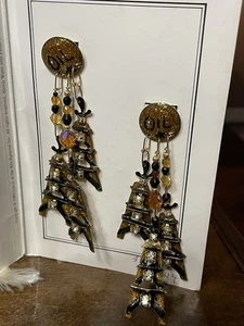 "Lunch At The Ritz" TEXAS TEA Black & Gold Dangle Earrings On Menu Card '89 - Picture 1 of 11
