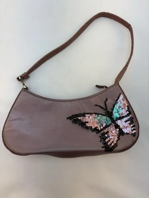 Vintage XOXO pink Fabric Purse Small Bag Sequined Pink Blue Butterfly - Image 1 of 4