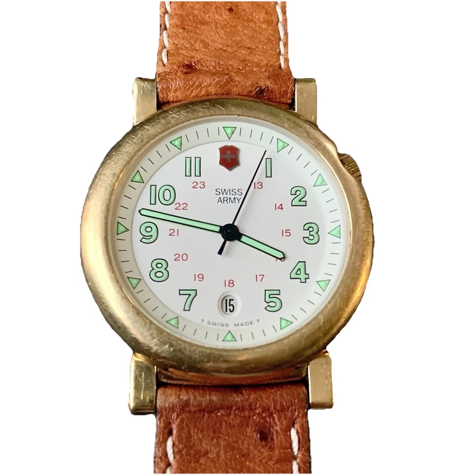 Vintage Swiss Army Golden Delta Men’s Date Quartz New Battery Leather Band - Image 1 of 4