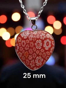 MILLEFIORI Murano Flower 25mm Love HEART SP Cased Red Pendant Necklace Jewellery - Picture 1 of 4