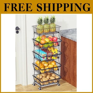 5 Tier Wire Fruit Basket Rack with Wheels - Picture 1 of 11
