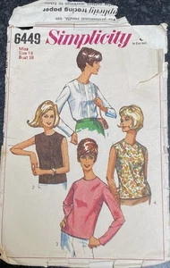 Simplicity 6449 Vintage Patrón Mujer Blusas Costura Patrón Talla 18 Busto 38 pulgadas - Imagen 1 de 6