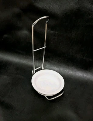 Retired Pampered Chef Spoon Rest #1678 Metal Stand White Round Ceramic Dish - Image 1 of 4