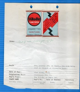 EMPTY cigarette tobacco packet registration certificate 1933 Alladin India #266 - Picture 1 of 1