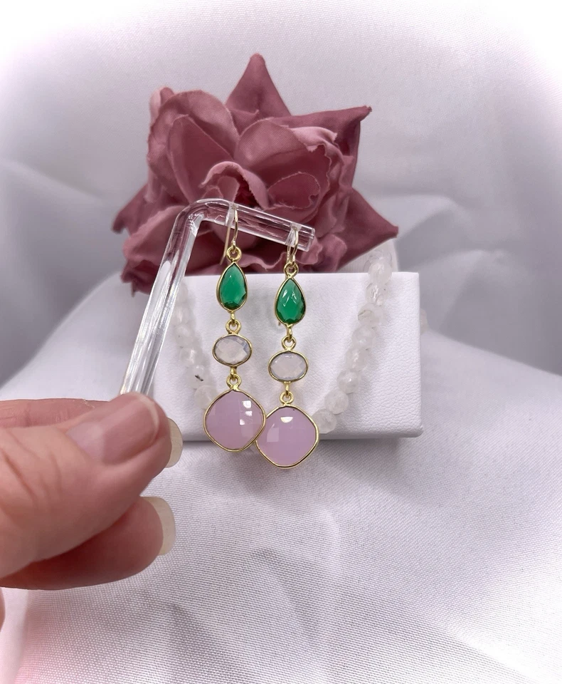 Pink Chalcedony Tourmaline Earrings Briolette 14K Gold Filled Drop SIMULATED - Image 1 of 4