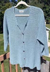 LL Bean Cardigan Sweater Women Green Open Knit 3/4 Sleeve 2P - Picture 1 of 9