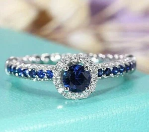 1Ct Simulated Tanzanite Halo Engagement Women's Wedding Halo Ring 925 Silver - Picture 1 of 4