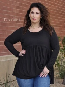 New PLUS SIZE Womens SOFT BLACK BOHO BABYDOLL LONG SLEEVE TUNIC SHIRT 1X 2X 3X - Picture 1 of 5