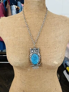 Vintage Owl Necklace Boho Silver Tone Faux Turquoise Large Statement - Picture 1 of 8