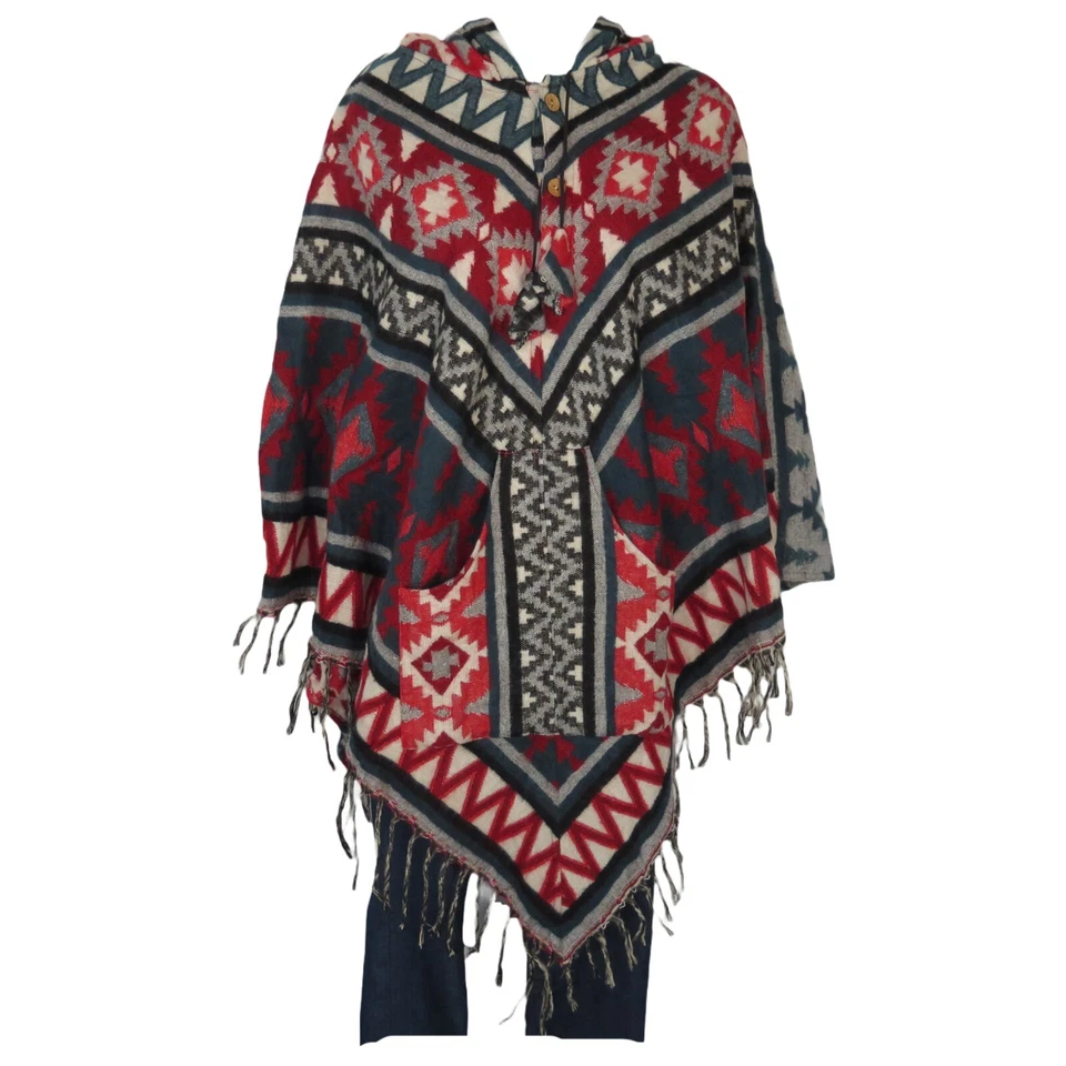 Poncho|2 Botones| Flecos| Capucha+Bolsillo | Boho | Azteca | Mezcla de Lana Yak|1 Talla| Verde azulado Foto 1 de 4
