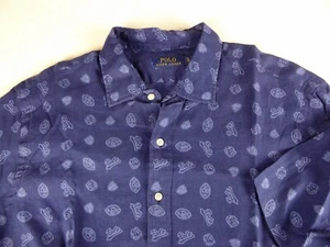 Camisa de lino Polo Ralph Lauren SS fútbol universitario con botones $98 nueva con etiquetas - Imagen 1 de 6