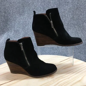 Lucky Brand Boots Womens 8.5 M Ankle Booties Wedge Black Suede Double Zipper - Picture 1 of 17