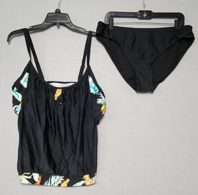 Tankini Swimsuit Womens XL Black Tropical Floral 2 Piece Tummy Control Double Up - Image 1 of 4