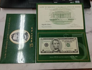 Low Numbered 1999 Uncirculated $5 Deluxe Note in BEP Folder BC 00004640 A - Picture 1 of 8