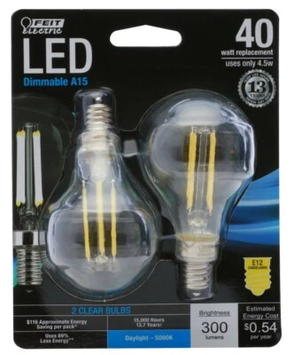 (2-Pack) Feit 14769 BPA1540C/850/LED 4.5W A15 Filament LED Bulb E12 5000K 120V - Image 1 of 3