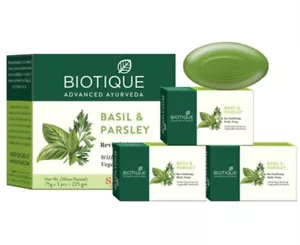 3X 75g BIOTIQUE BASILIKUM & PETERSILIE REVITALISIERENDE BADESEIFE 3 X 75g 1 BOX - Bild 1 von 2