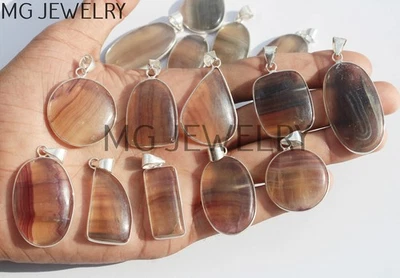 10件装套装天然氟石宝石925镀银边框吊坠MFA624 — 第 1/4 张图片