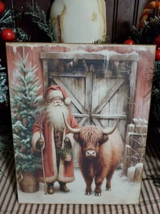 DARLING PRIMITIVE FARM BARN VINTAGE STYLE CHRISTMAS HIGHLAND COW AND SANTA SIGN - Picture 1 of 13
