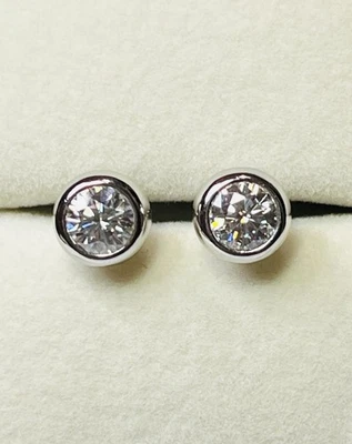 PT 950 Platinum Plated 925 Sterling Silver 1 TCW Moissanite Bezel Stud Earrings - Image 1 of 4